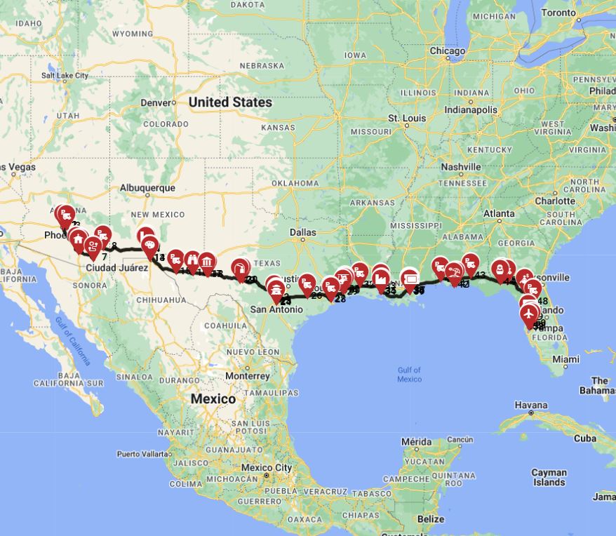 Road trip wizard planning a route from Phoenix to Tampa